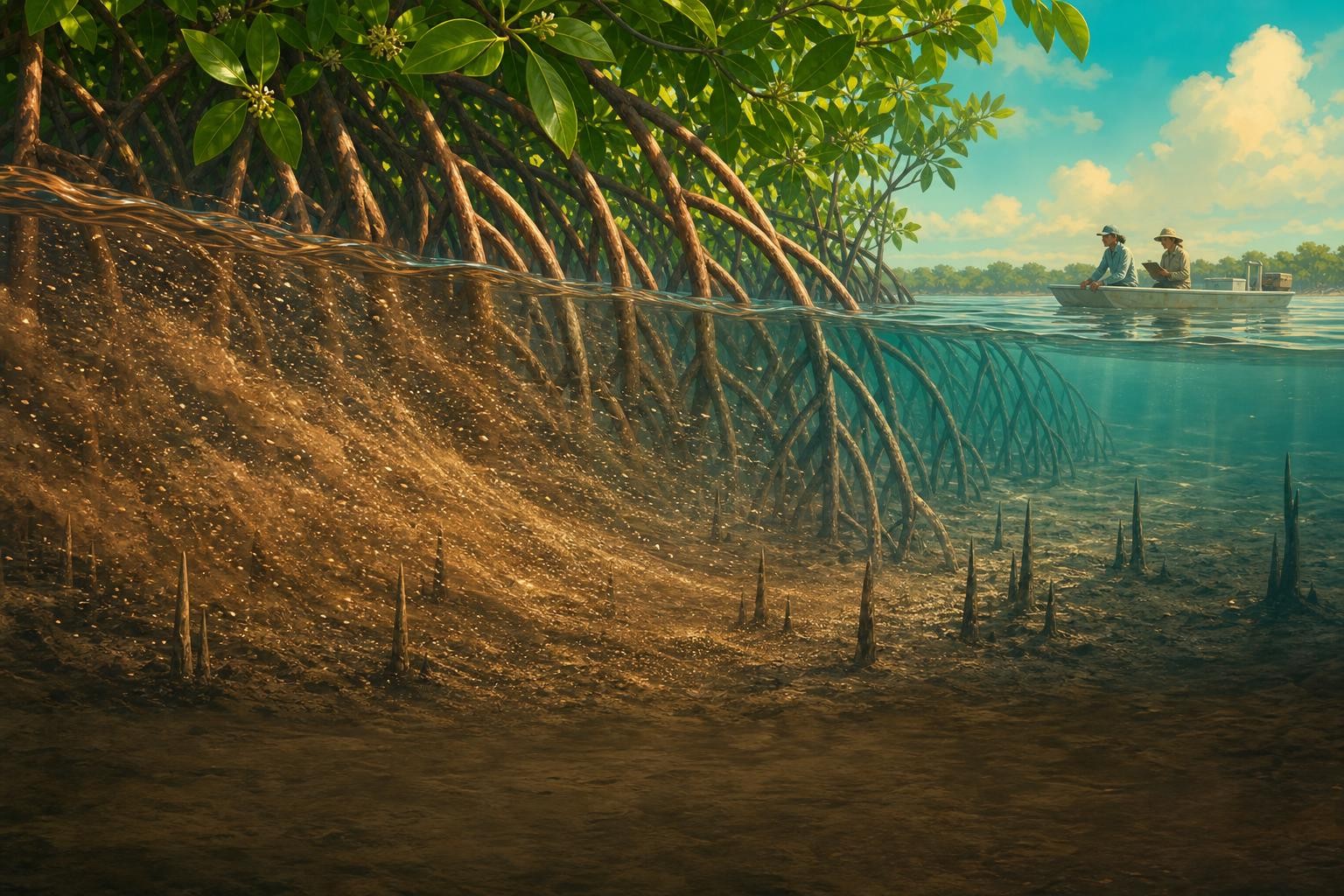 Mangrove roots slow water and help suspended sediment settle.