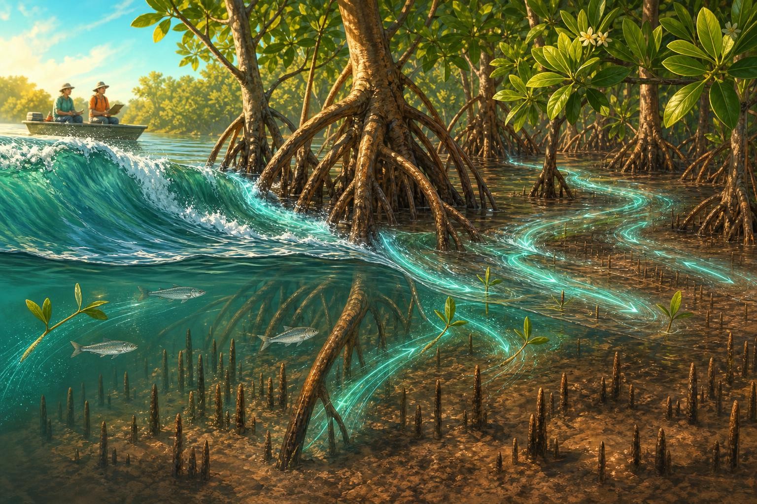A wave becomes smaller ripples after moving through many mangrove roots.