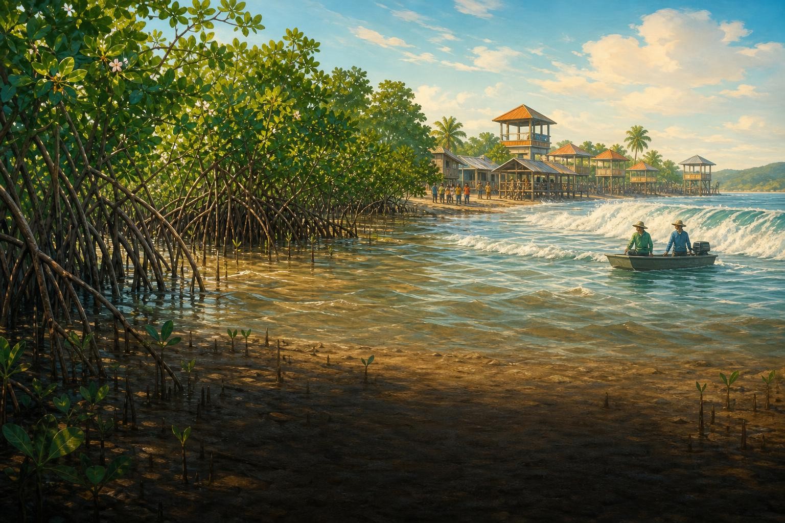 Mangroves and well-planned buildings form different layers of coastal protection.