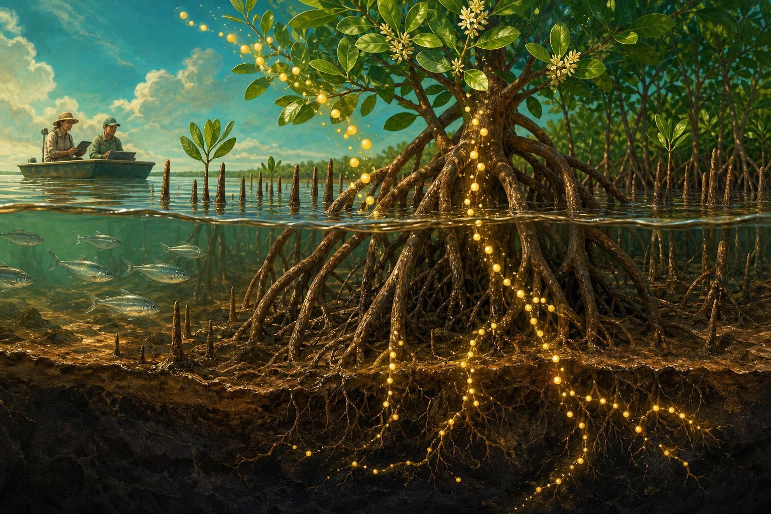 A cutaway shows carbon stored in mangrove wood, roots, and deep coastal soil.