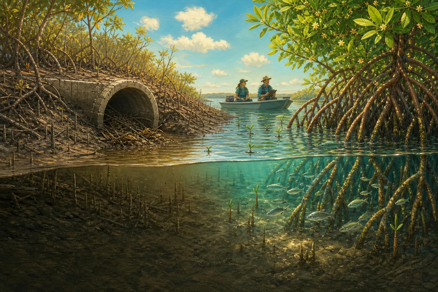 Restored tidal flow reaches mangrove roots after a blocked creek is reopened.
