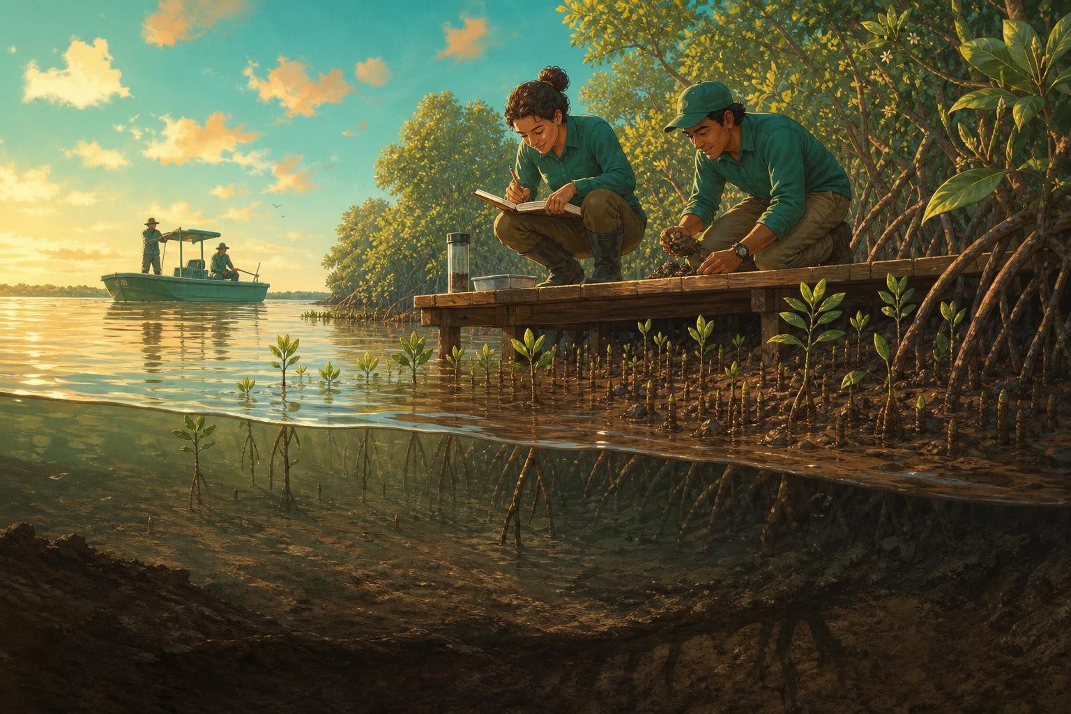 Adult ecologists study tides and soil beside naturally establishing mangrove seedlings.