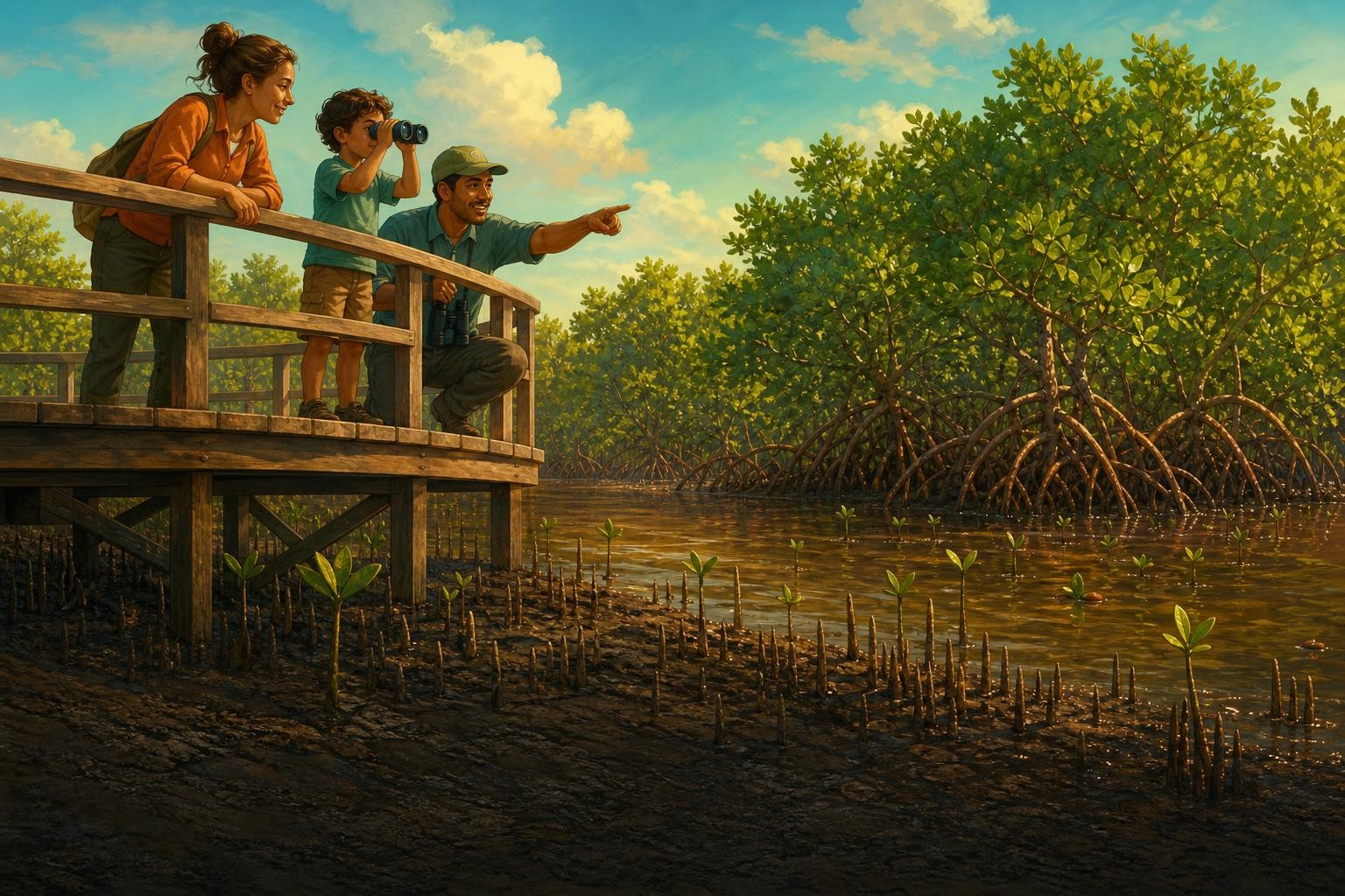 A child and trusted adults watch mangrove wildlife from a sturdy boardwalk.