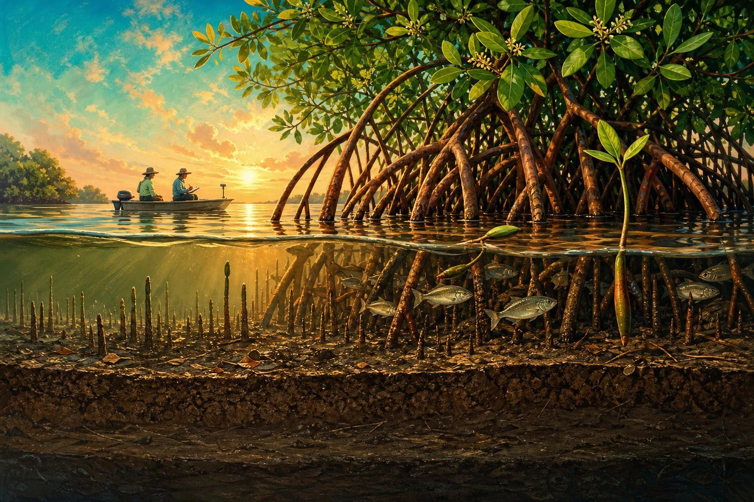 A sunset mangrove forest connects sheltered fish, roots, waves, soil, and canopy.