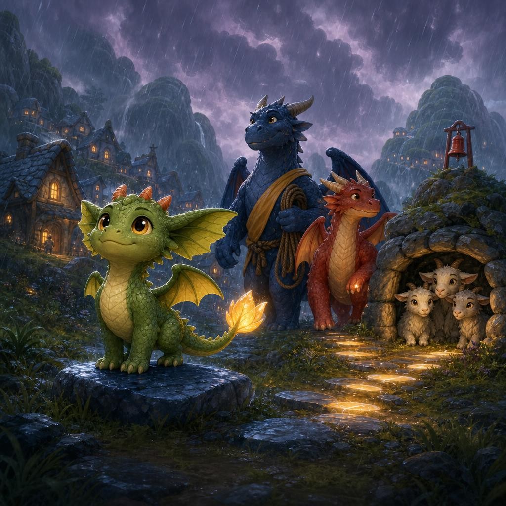 Tiny Pip glows warmly in a storm while dragons and villagers follow the safe path.