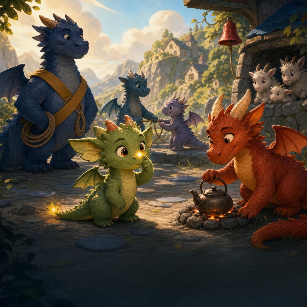 Pip makes one tiny golden sparkle while bigger young dragons practice useful fire.