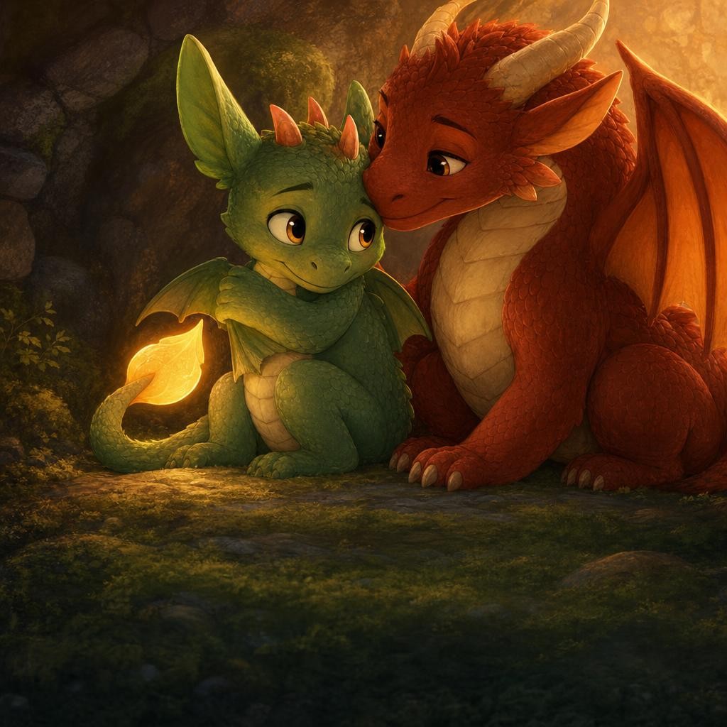 Pip hides a glowing tail under one wing while Ember sits kindly nearby.