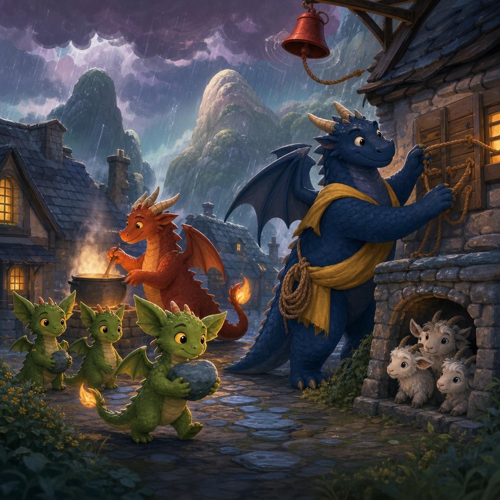 Dragons and villagers prepare ropes, shutters, soup, and path stones before the storm.