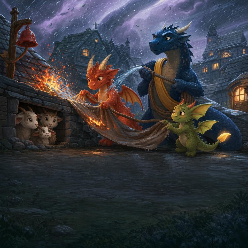 Strong wind blows out path lanterns while adults safely cover every open flame.