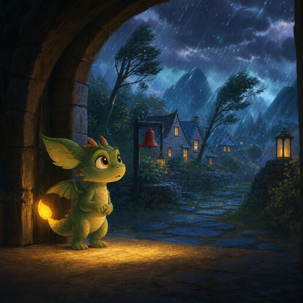 Pip's golden tail glow stays steady near the ground while rain and wind move around it.