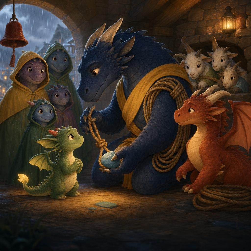 Uncle Brann shows Pip the safety rope and blue path stones while families wait together.