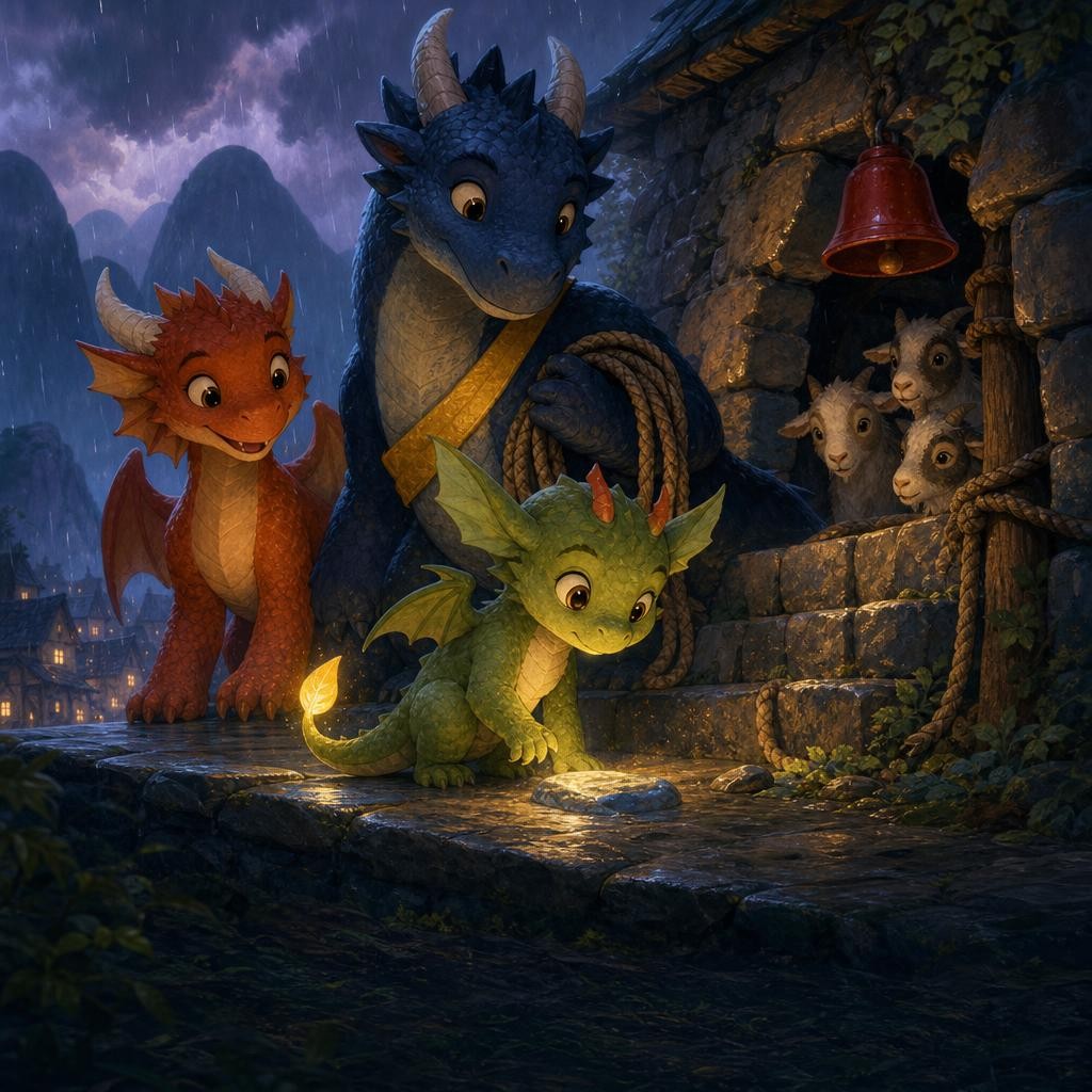 Pip's small glow clearly lights one blue path stone and the safety rope in the storm.