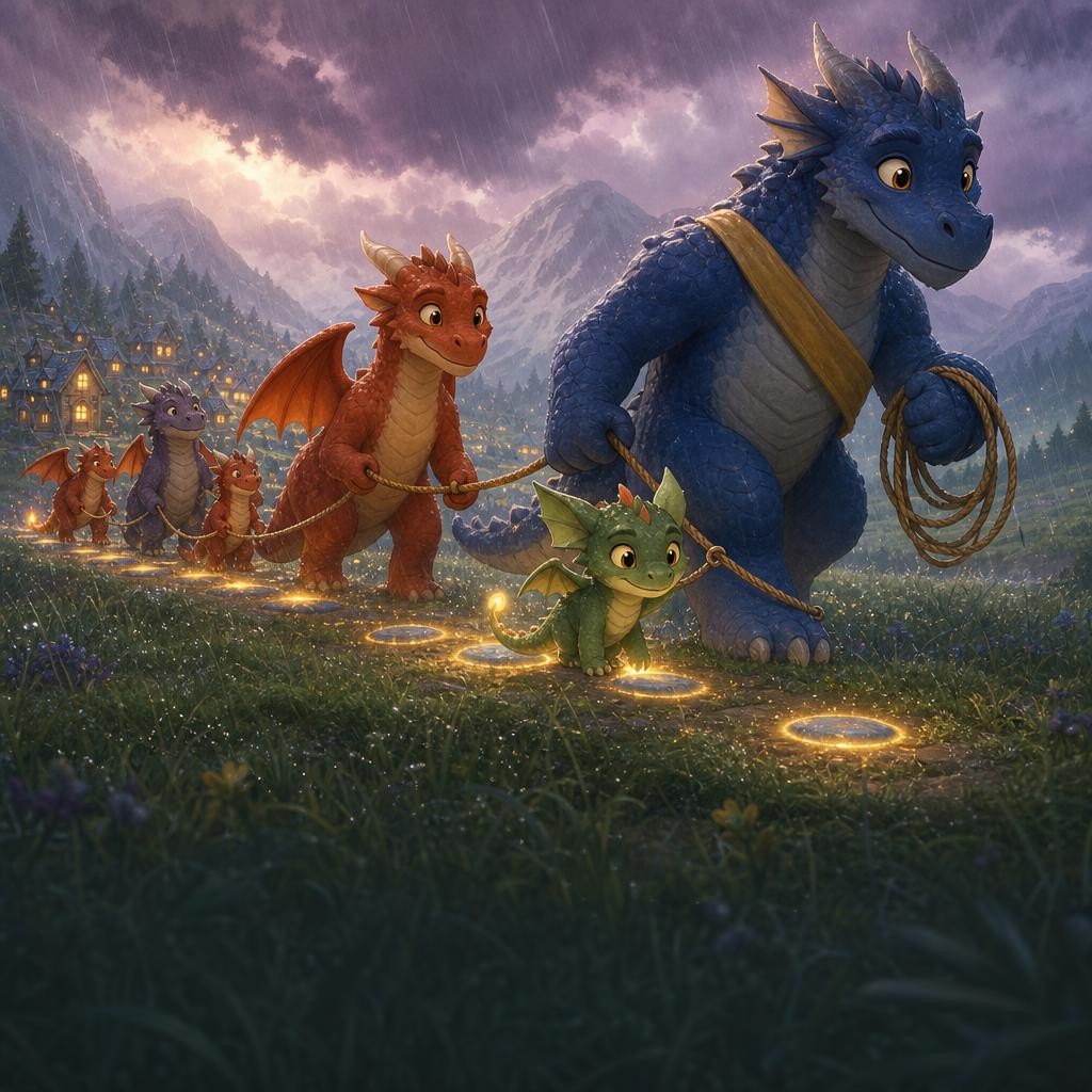 Pip and Uncle Brann lead families along glowing blue path stones while everyone holds the rope.