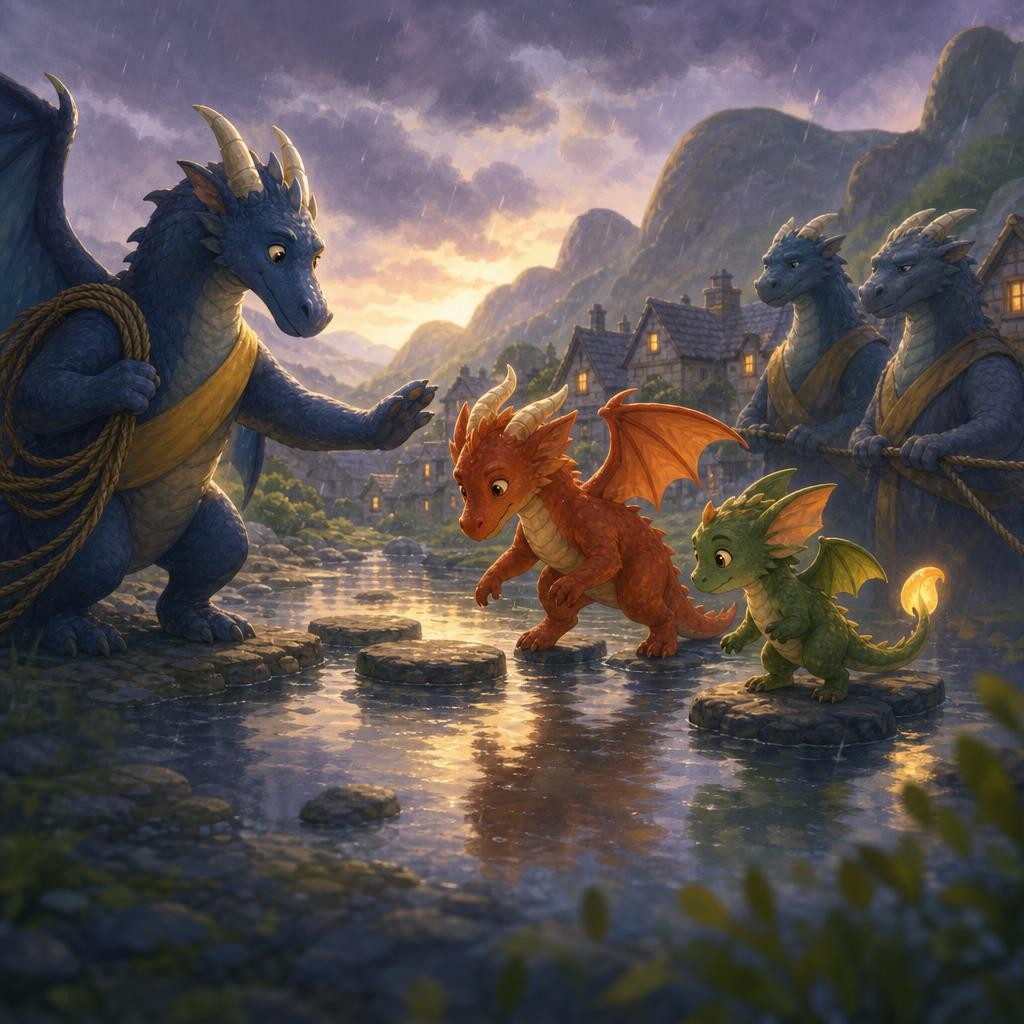Ember finds stepping stones and Pip lights their edges while adults steady the safety rope.