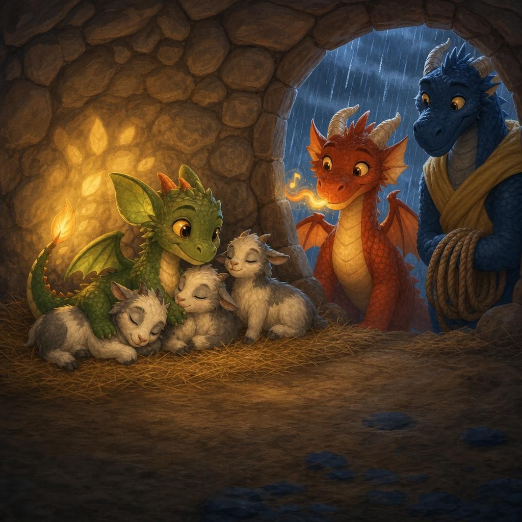 Pip's warm tail light and Ember's humming calm three young goats inside the shelter.
