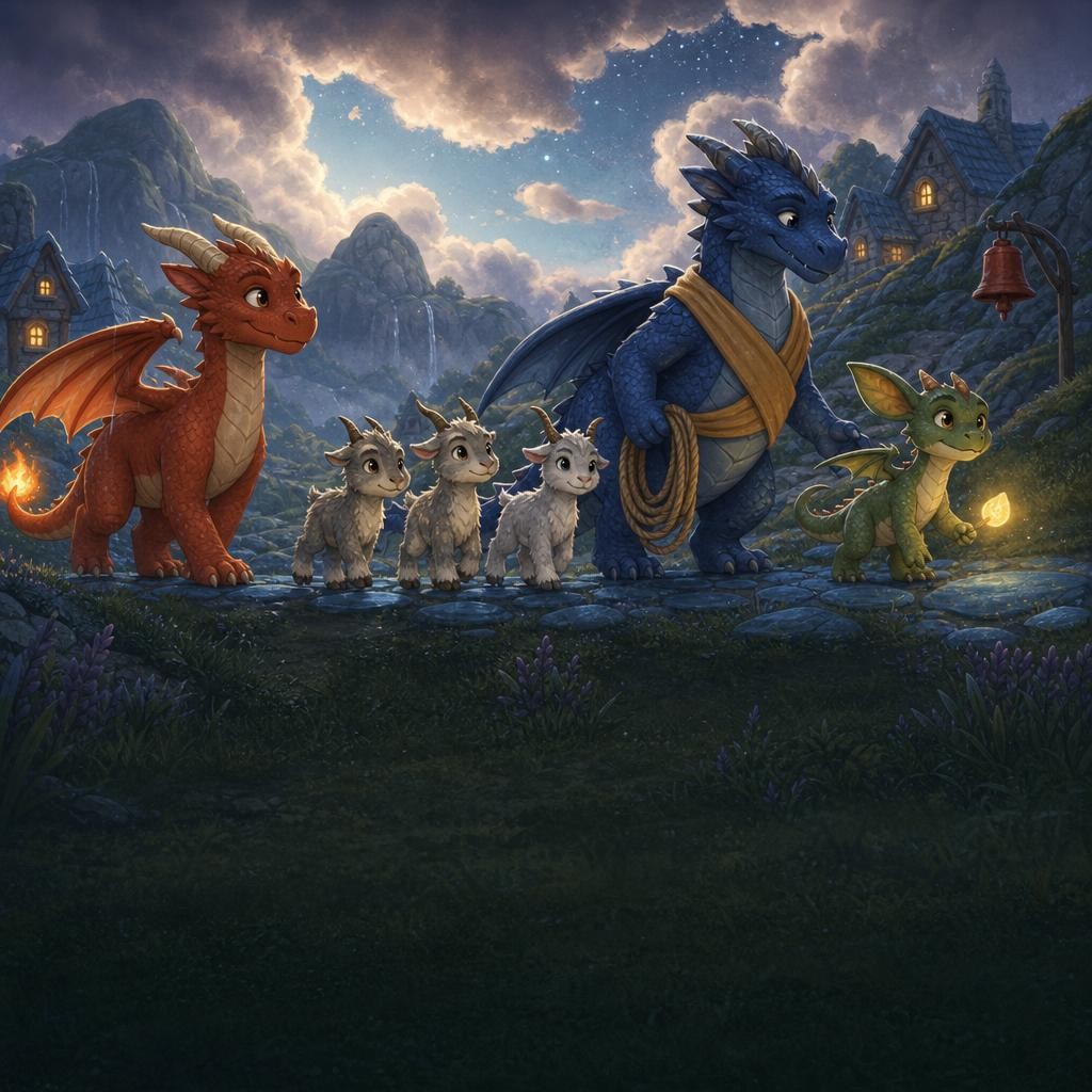 Pip's same small glow guides villagers and goat kids home along the safety rope.