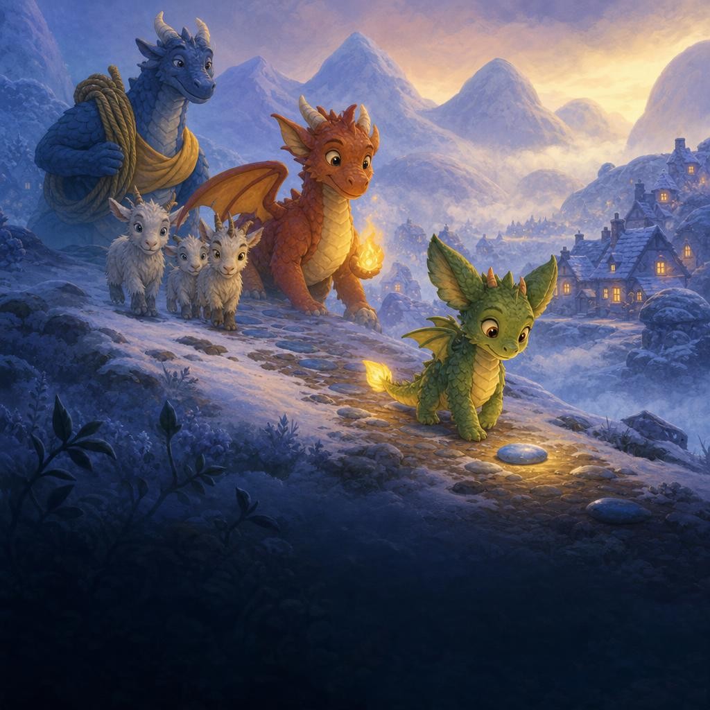 Pip lights one blue path stone through gentle fog as friends follow toward warm cottages.
