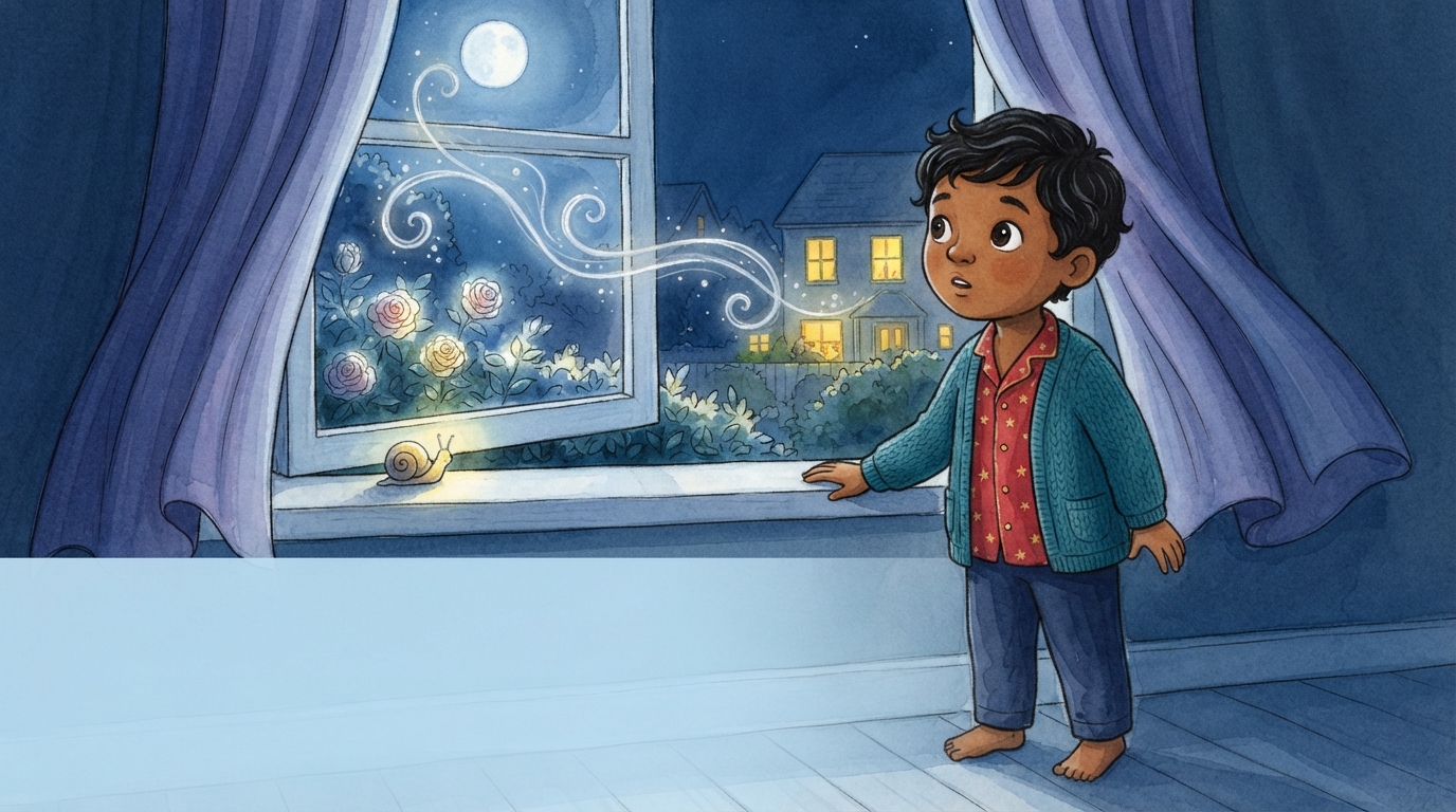 Kavi listens at his bedroom window as a silver whistle curls through the curtains.