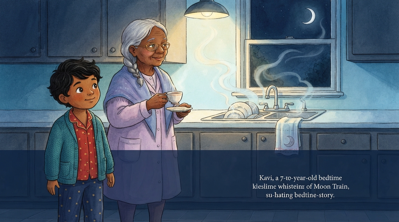 Grandma pauses at the sink after forgetting part of her old song while Kavi listens.