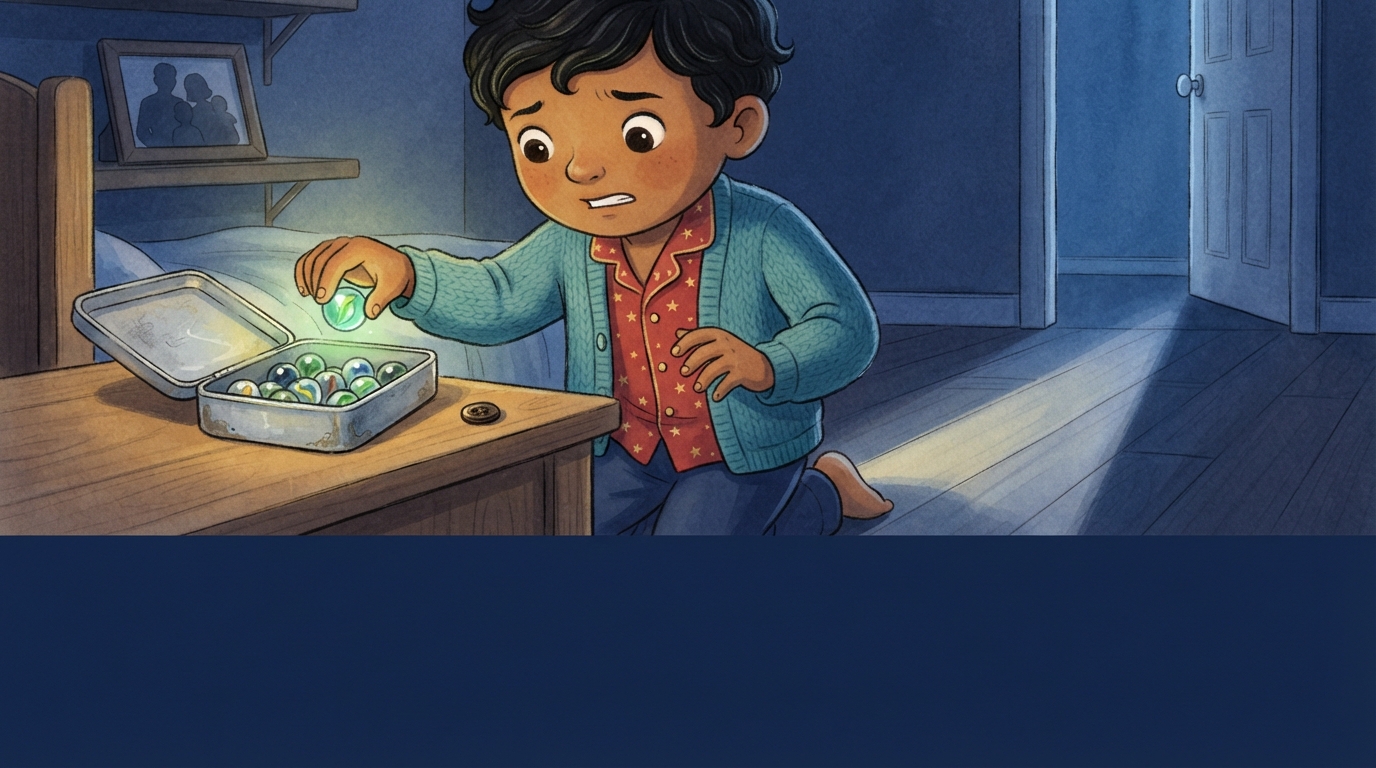 Kavi holds a green marble and decides to take it with him.