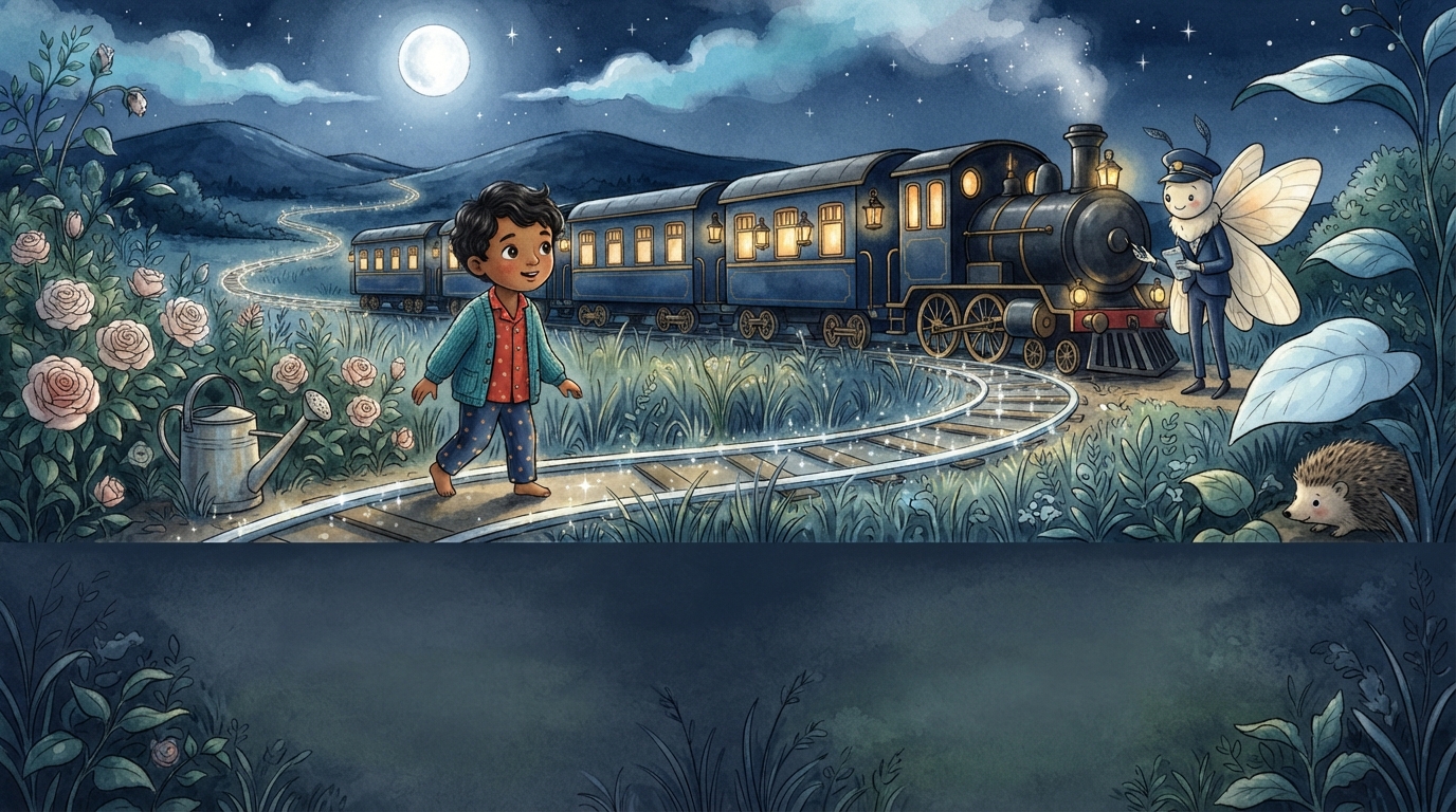 Kavi walks toward a blue train as glowing rails appear through the garden grass.