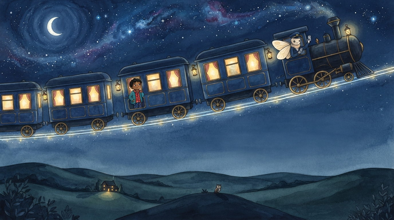 Kavi looks from the Moon Train as it climbs shining rails over dark hills.