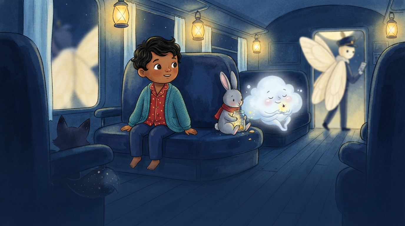 Kavi listens to a rabbit, a cloud-child, and a torn-tailed shadow in the quiet train car.