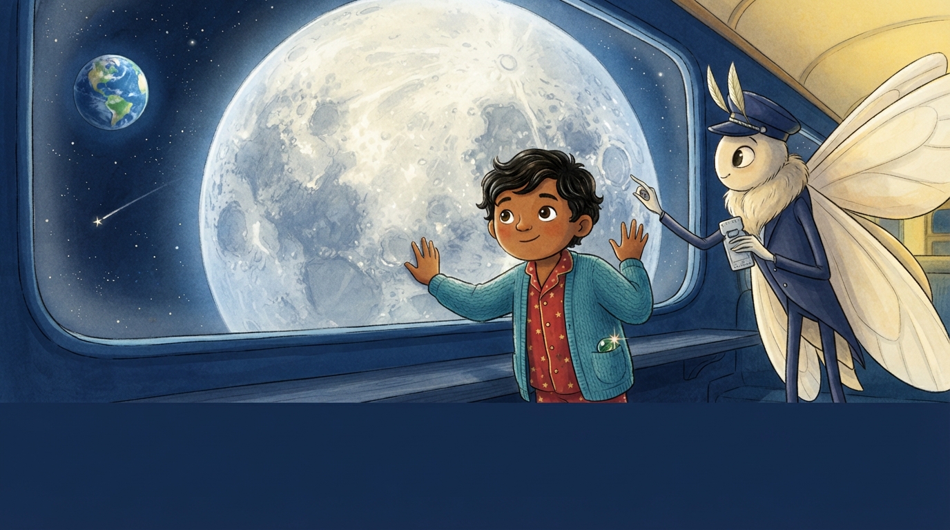 Kavi presses his hands to the window as the cratered moon comes close and Earth shines behind.