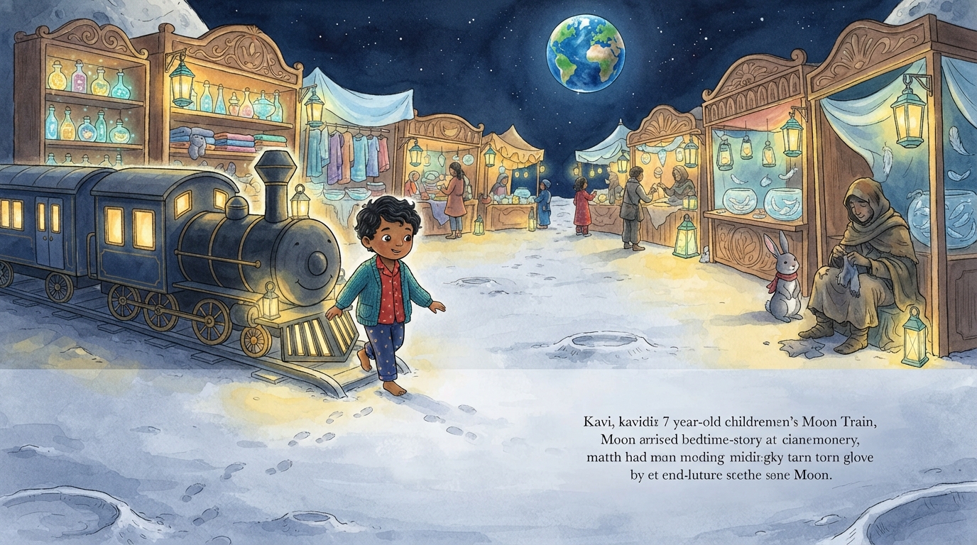Kavi steps onto the moon and sees glowing market stalls curved like a crescent.