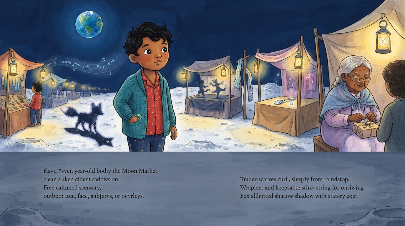 Kavi walks past magical market treasures while holding tight to his marble and thinking of Grandma.