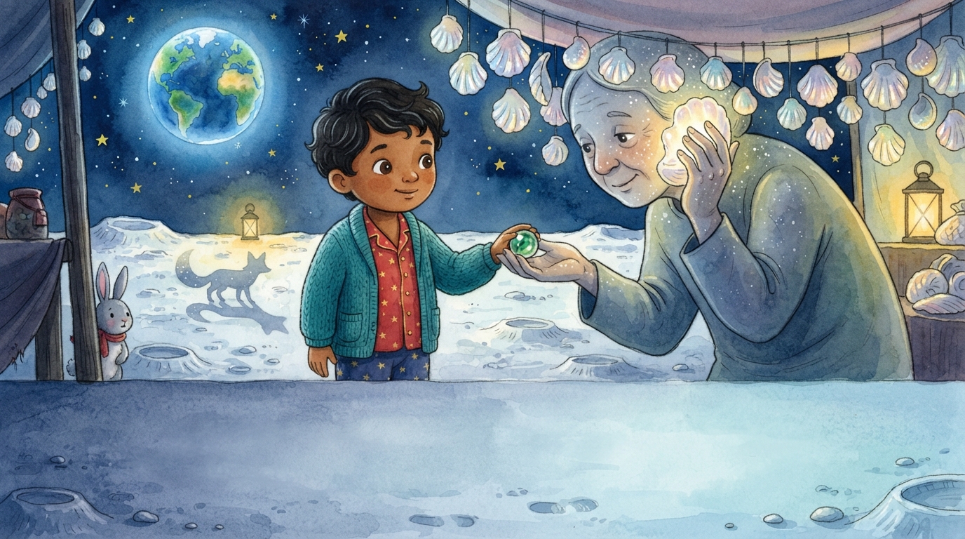 Kavi offers his green marble at a quiet stall hung with glowing moon shells.