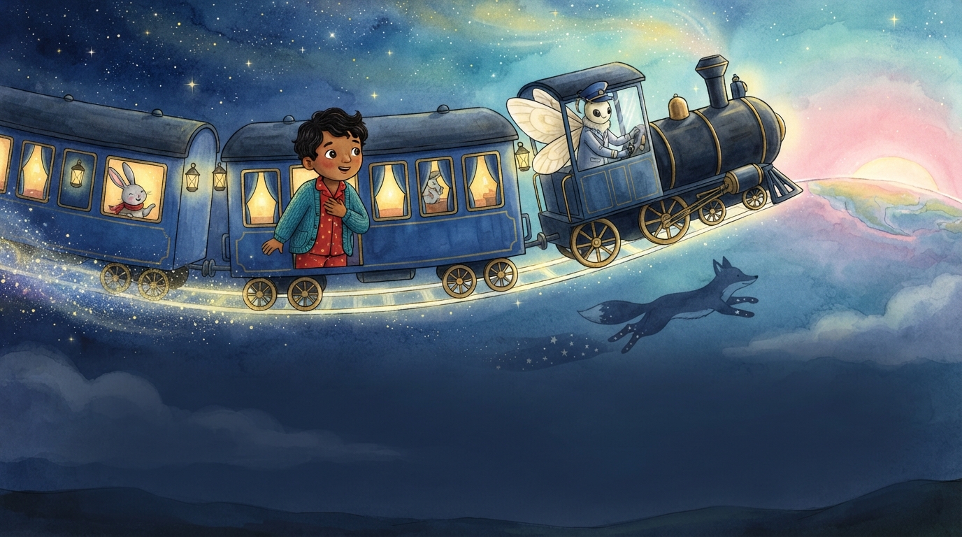 The Moon Train speeds toward the pink dawn while Kavi carries the song home.