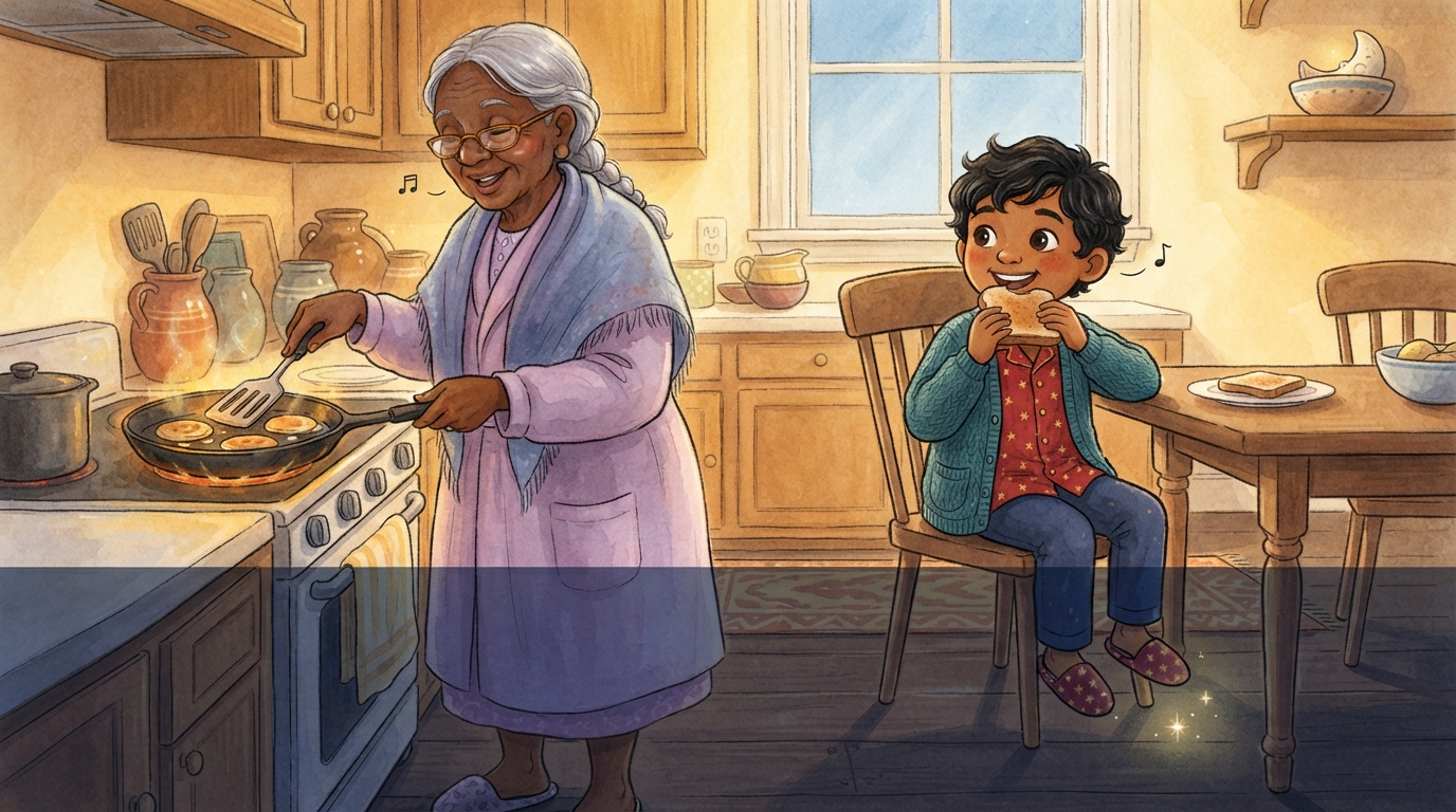 Grandma hums her whole song while Kavi smiles over breakfast.