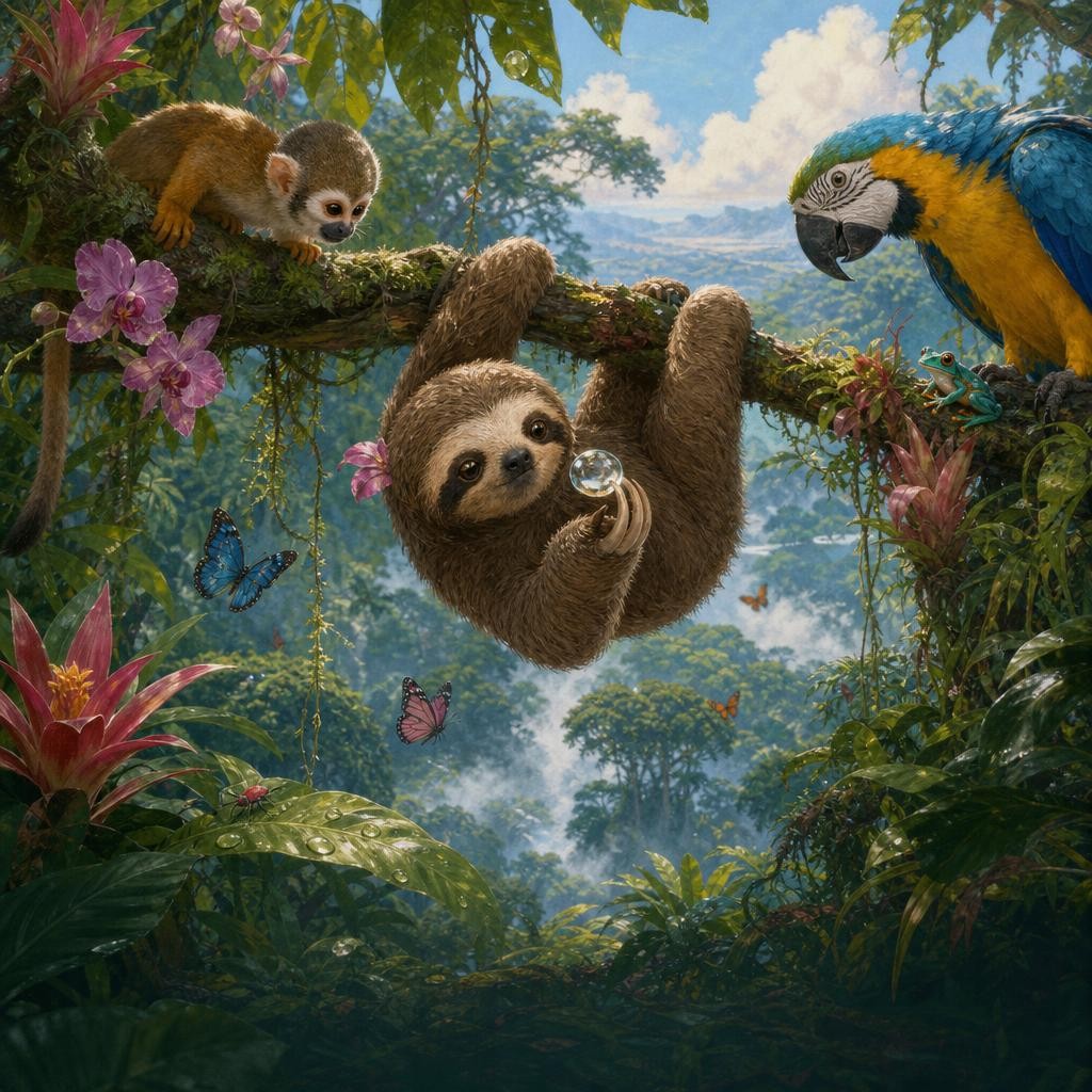 Momo hangs upside down in a richly layered rainforest filled with animals, flowers, and shining rain beads.