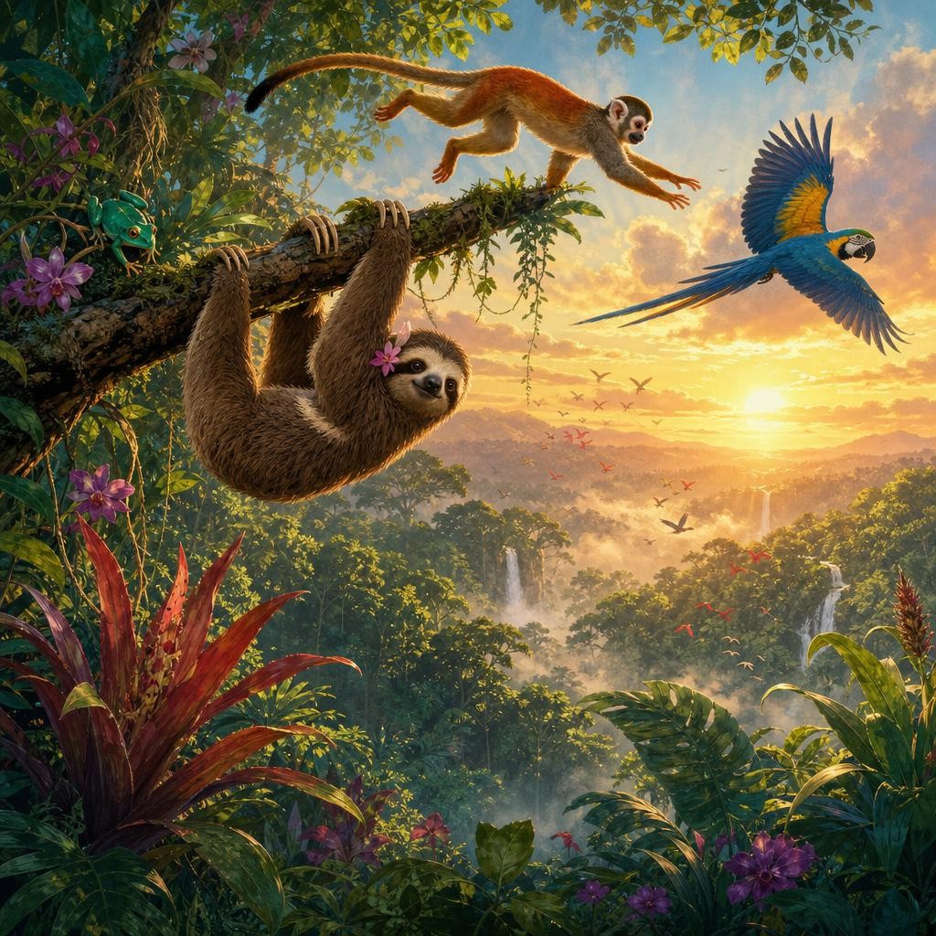 Momo moves slowly beneath a branch while monkey and macaw hurry through the waking rainforest.