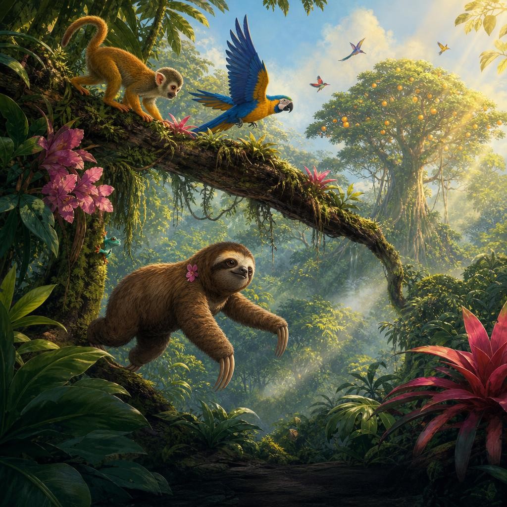 Momo follows the other animals toward a distant golden fruit tree at a slow pace.