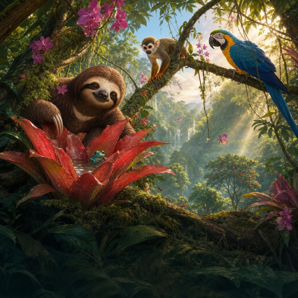 Momo meets a turquoise frog in rainwater held by a red bromeliad.