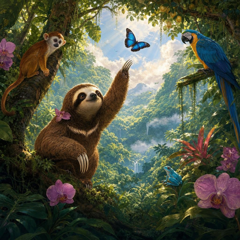 A bright blue butterfly opens its wings while Momo watches from beneath the branch.