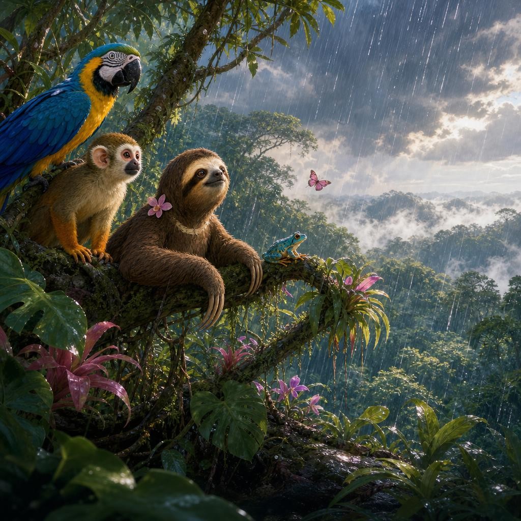 Rain rolls across the broad rainforest as Momo and the other animals look for cover.