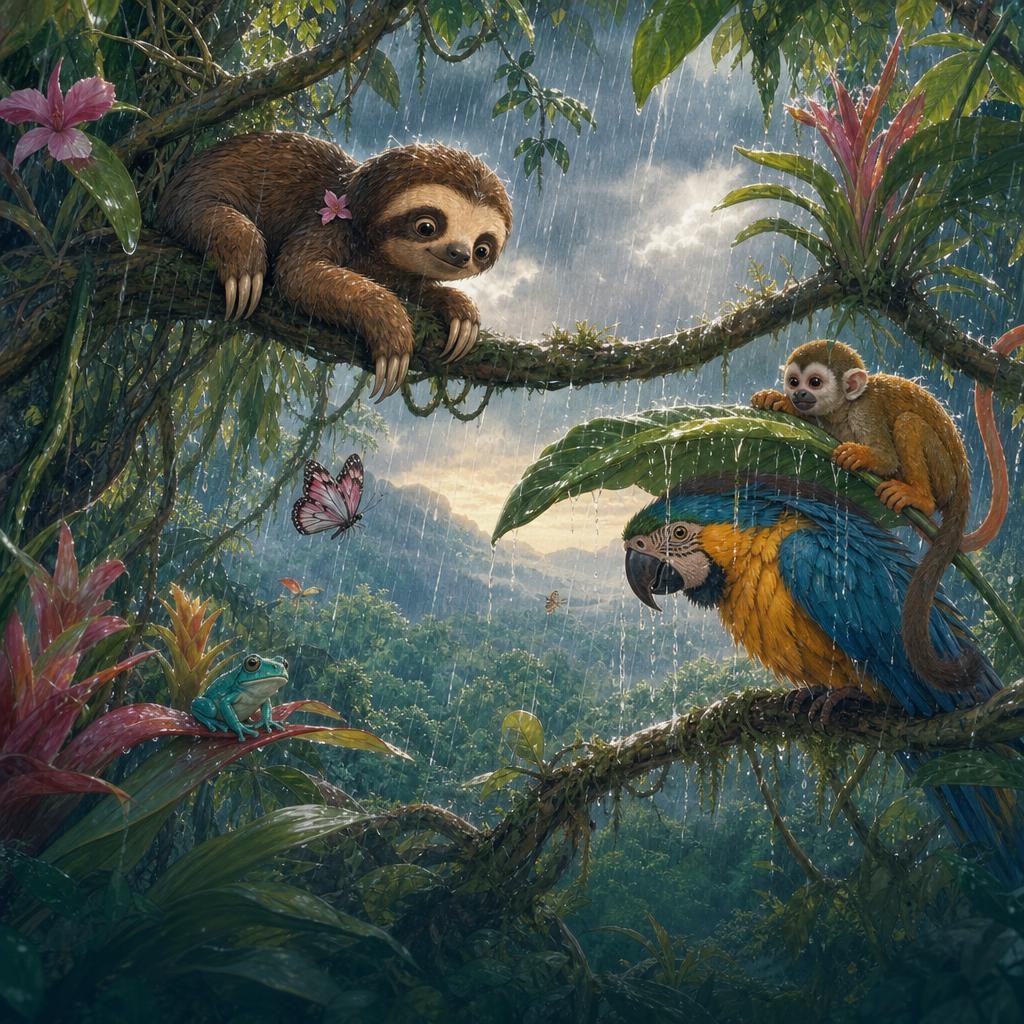 Monkey and macaw get wet beneath leaves and branches that do not give enough shelter.