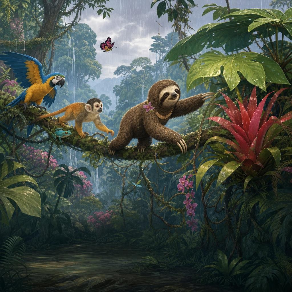 Momo leads the wet animals toward thick leaves beside the red bromeliad.