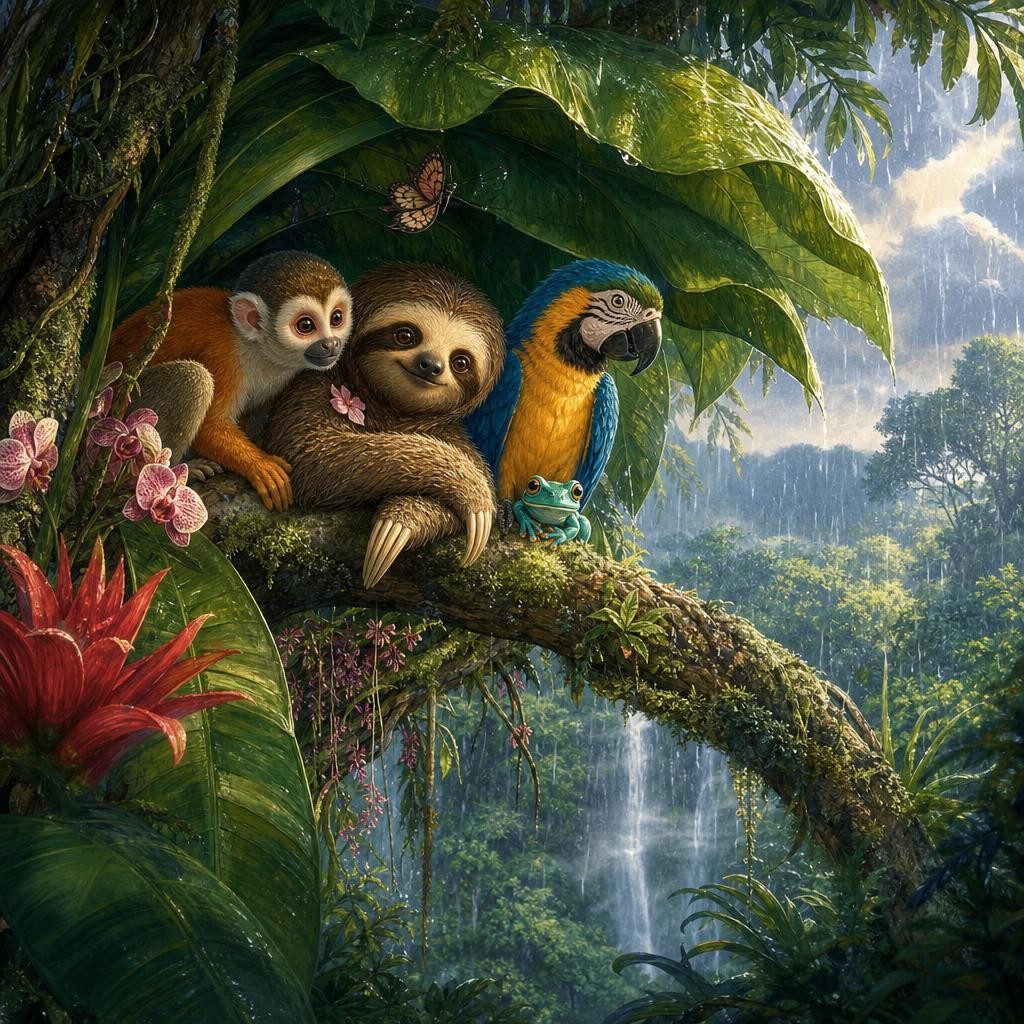Momo and the other animals rest together beneath a wide roof of thick leaves.