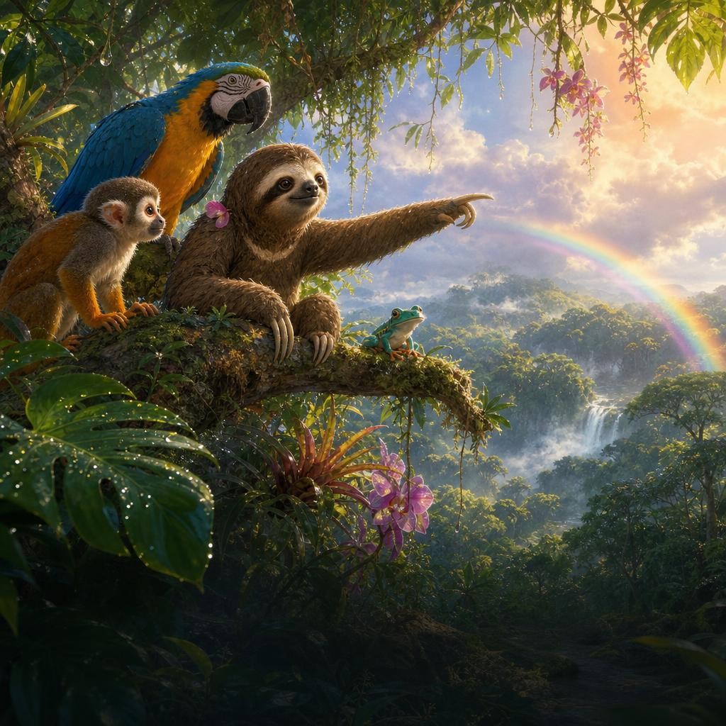 Momo shows the other animals thousands of shining drops after the rain.