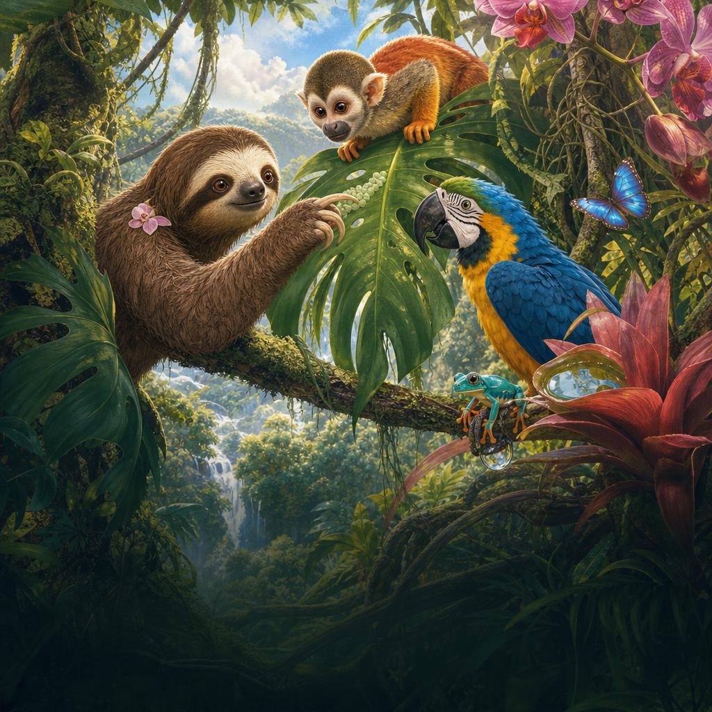 Monkey, macaw, and frog look over and under leaves with Momo.