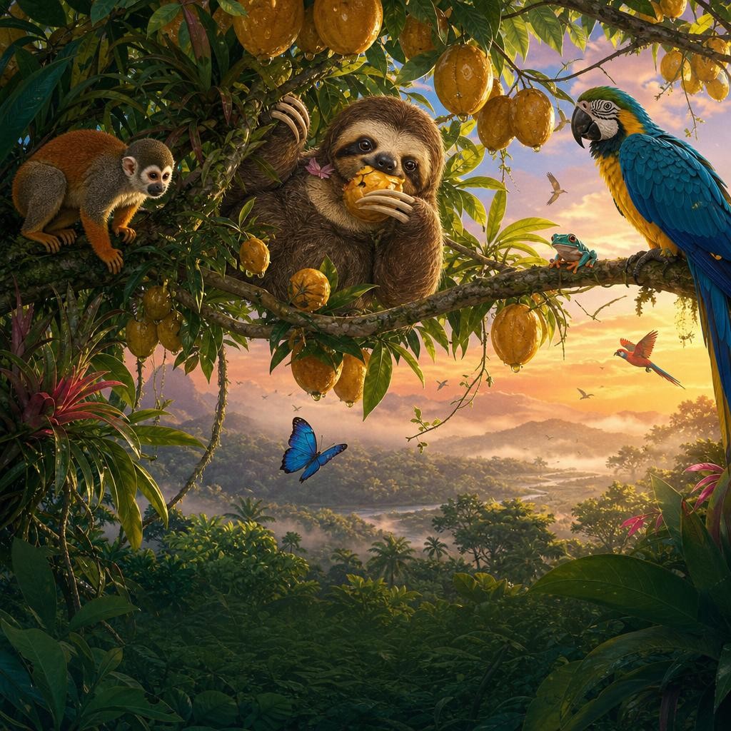 Momo tastes golden fruit while noticing the blue butterfly below.