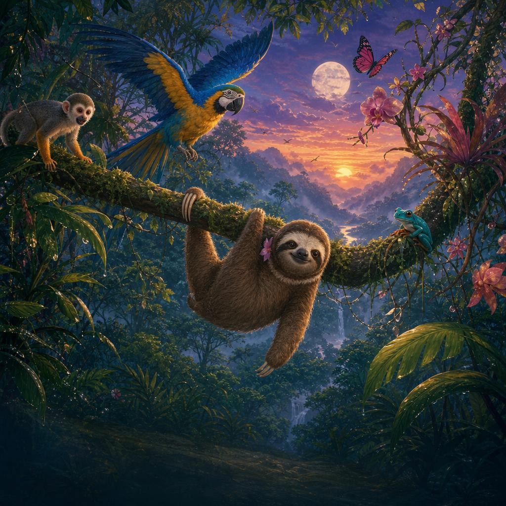 Momo moves slowly through a glowing evening rainforest filled with hidden life.