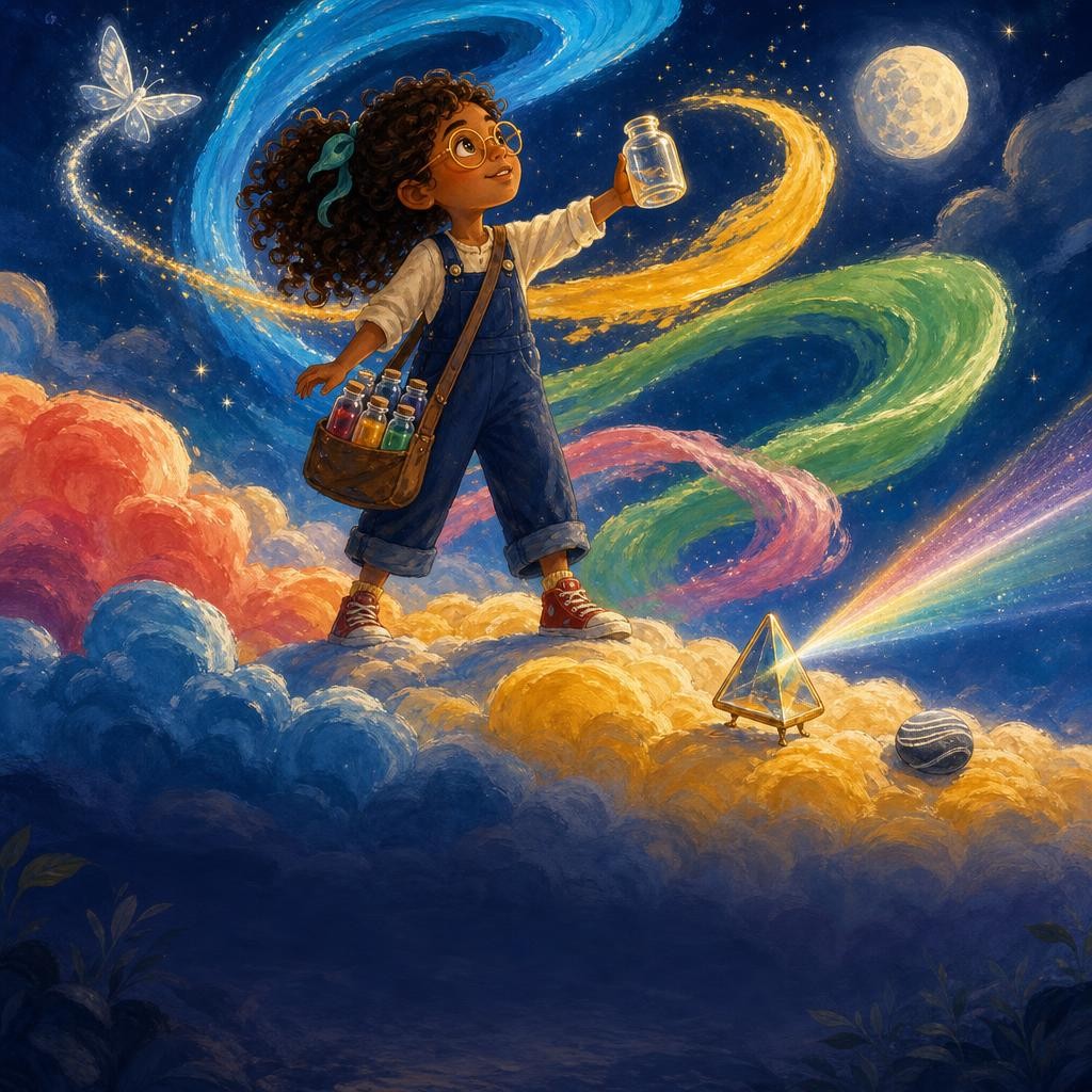 Mira holds an empty jar while magical ribbons of unfamiliar colors spiral through the sky.