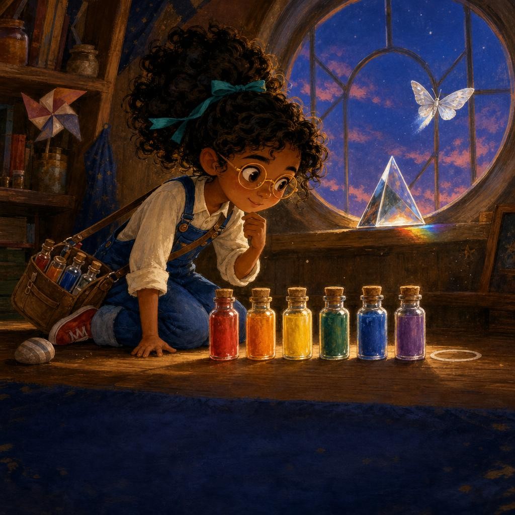 Mira studies six glowing color jars and one empty space on her attic shelf.
