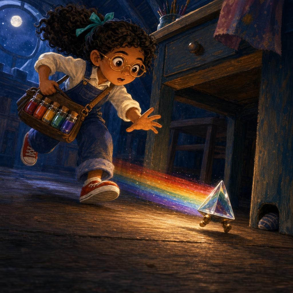 A tiny walking prism races across Mira's attic while pulling a rainbow behind it.