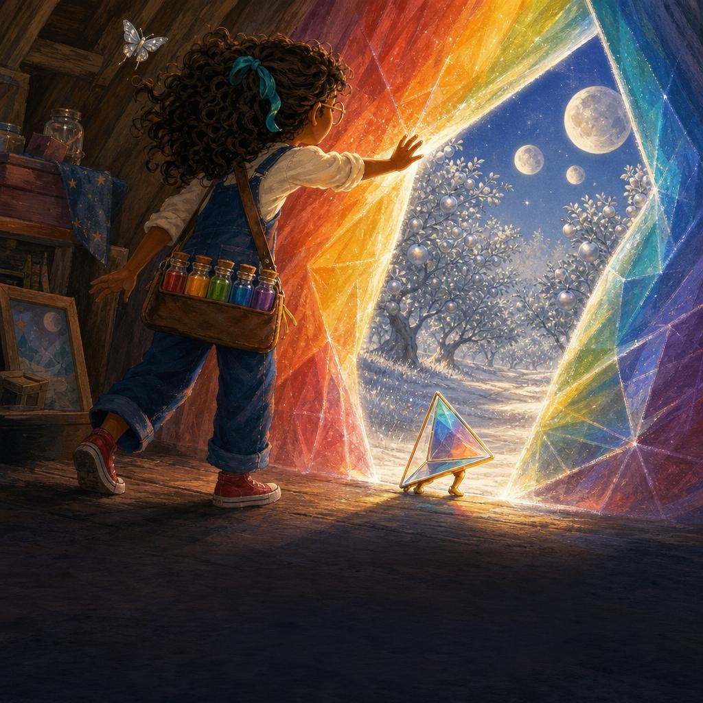 Mira steps through a rainbow doorway into a silver orchard beneath three moons.